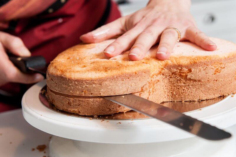 Cutting the cake in half.