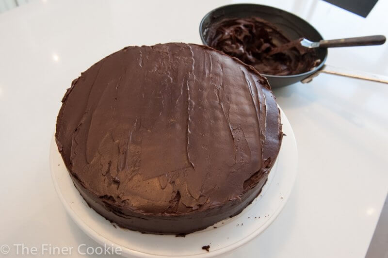 Applying the first layer. The ganache is still fluid at this point.