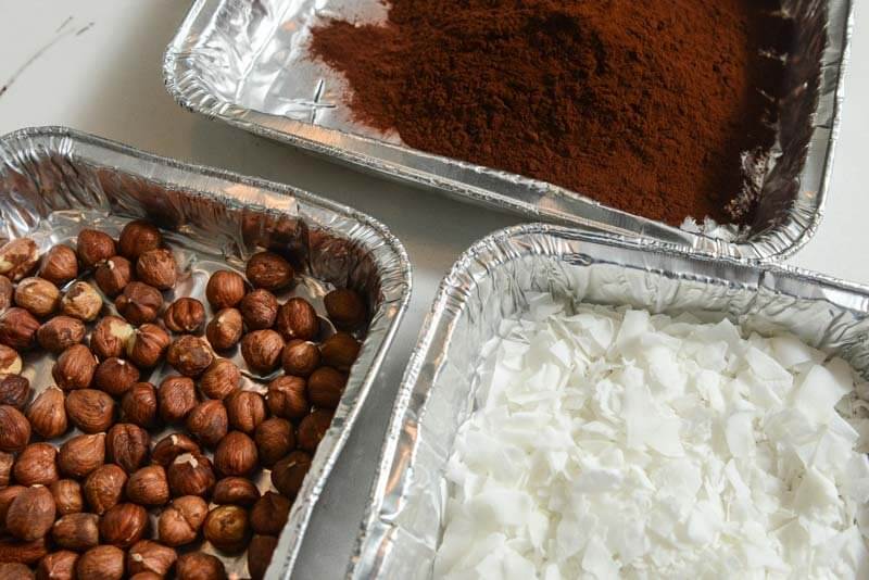 hazelnuts, cocoa powder and flaked coconut ready for the smoke.